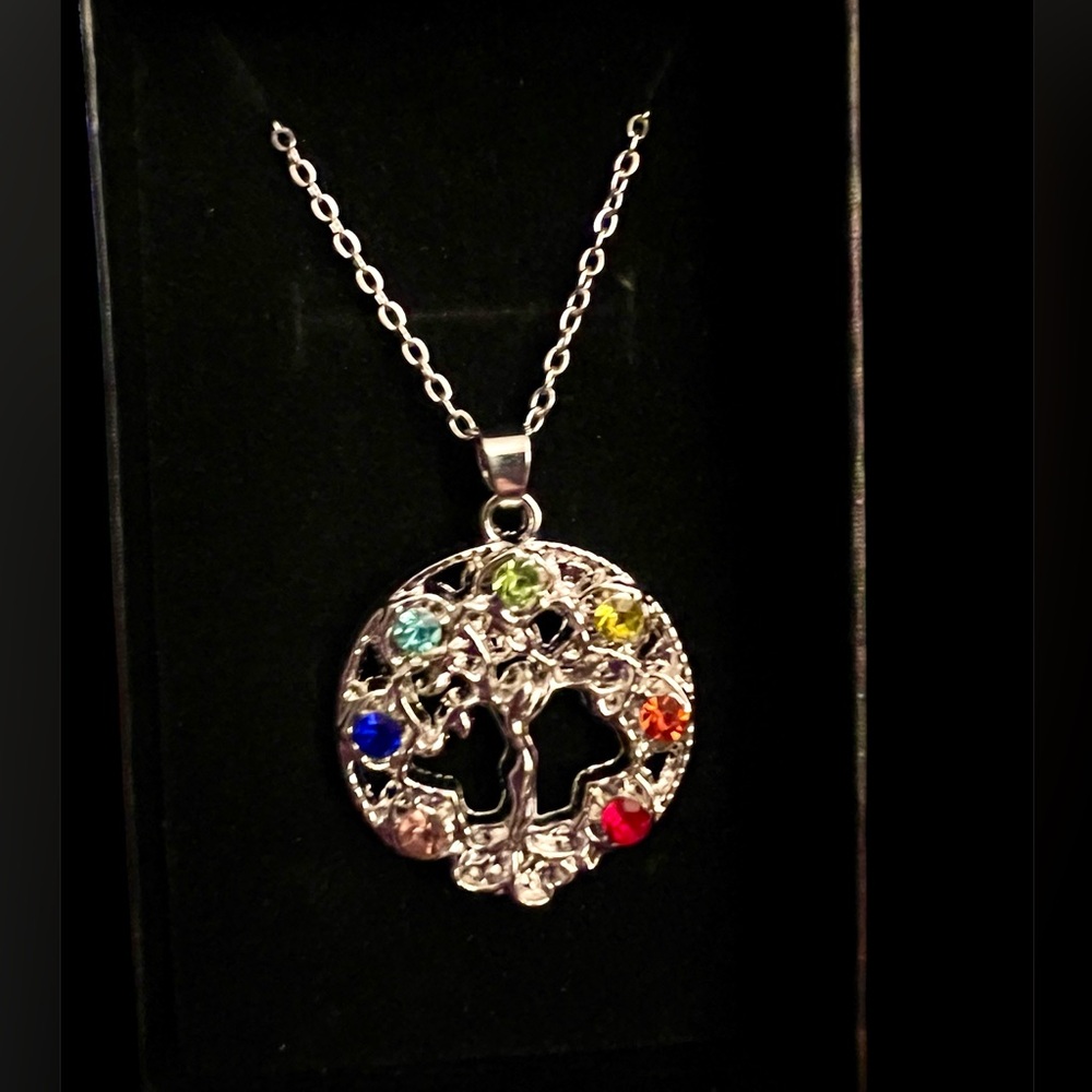 Silver Tree of Life Pendant Necklace with Multicolor chakra stones NWT